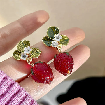 Qfdian Delicate Red Strawberry Flower Drop Earrings for Women 3D Simulated Fruit Green Leaves Earrings Girls Jewelry Accessories